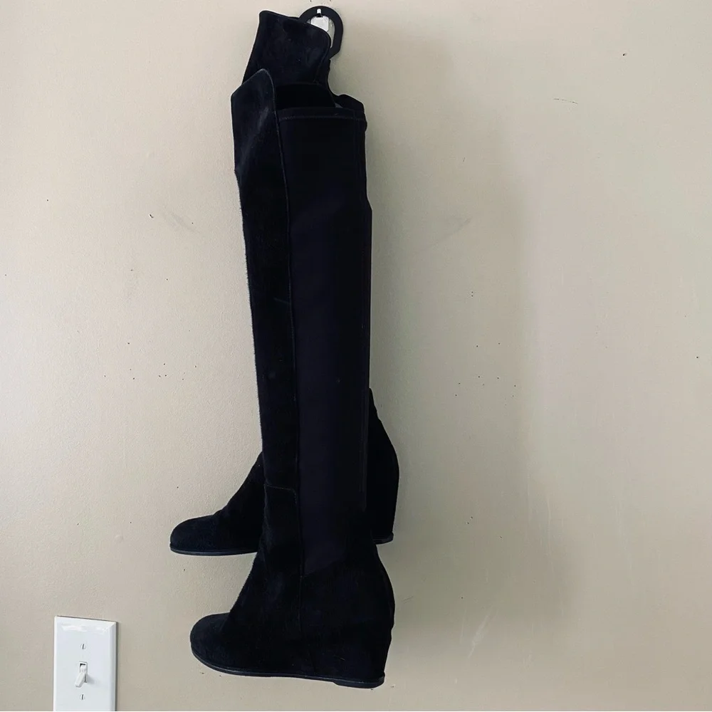 Stuart Weitzman Luxury Classic Black Suede Leather & Neoprene Stretch Calf Boots